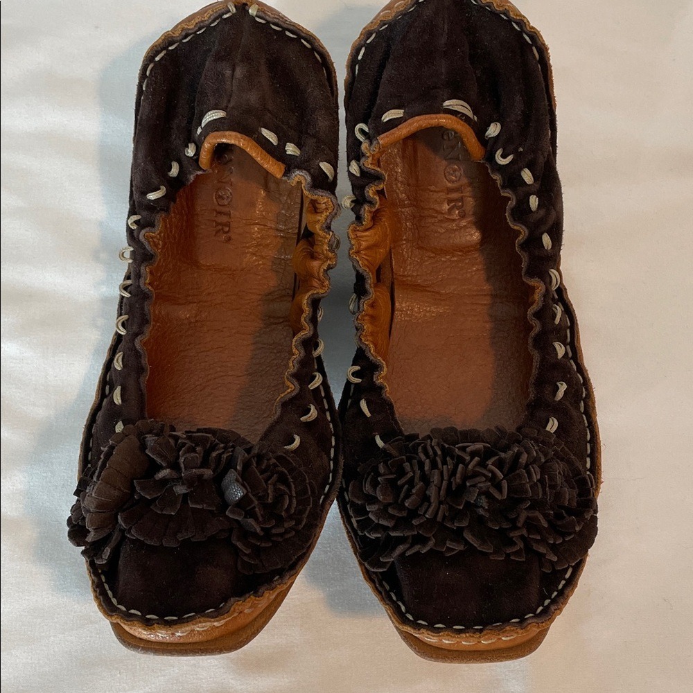 Vintage Cafe Noir Brown Suede Leather Flower Ballet Flats Shoes‎ Women Size 40